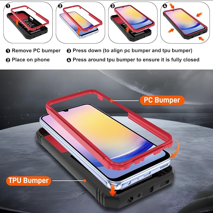 Fit for Samsung Galaxy A25 5G Phone Case with 2PCS Screen Protector, Build in 360° Rotating Ring Kickstand, Military Grade Protective Case for Samsung A25 Case Phone, Red+Black - Image 3