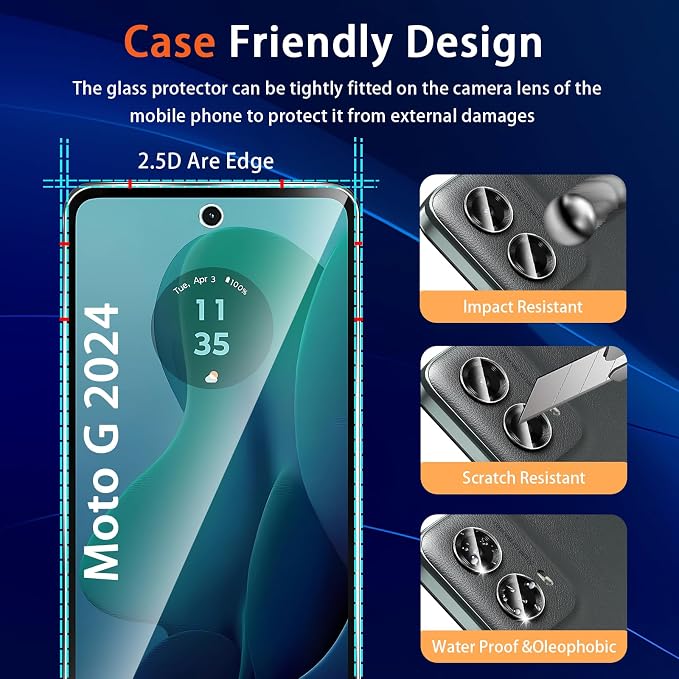 (3+2 Pack) Designed for Motorola Moto G 5G 2024 Tempered Glass Screen Protector + Camera Lens Protector,[3D Touch][Bubble-Free][Anti-Scratch] Screen Protector Glass For Motorola G 5G 2024 - Image 6