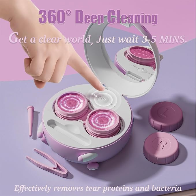 Vastsoon Cute Contact Lens Cleaner, Case Cleaning Machine with Solution Soak Case and Contact Lens Applicator Tool for Daily Vision Care, Travel Size (Purple) - Image 2