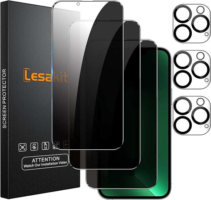 Lesakit 3+3 Pack Privacy Screen Protector for iPhone 13 Pro Max 6.7-Inch with 3 Pack Camera Lens Protector, Anti Spy Tempered Glass Film 9H Hardness Bubble Free Case Friendly by Lesakit