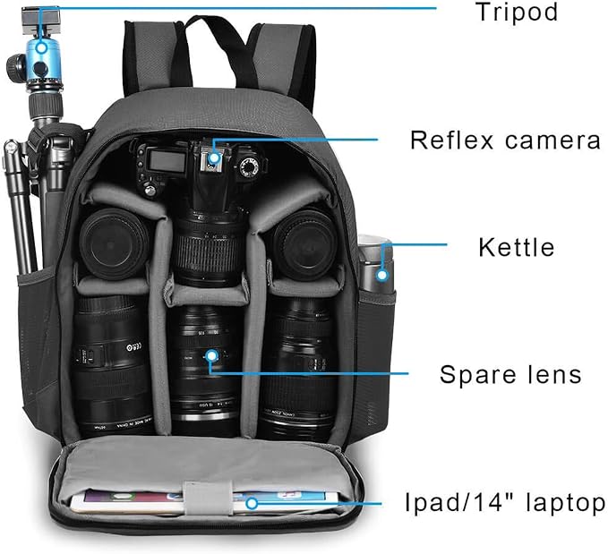 CADeN Camera Backpack Bag Professional for DSLR/SLR Mirrorless Camera Waterproof, Camera Case Compatible for Sony Canon Nikon Camera and Lens Tripod Accessories Gray - Image 3