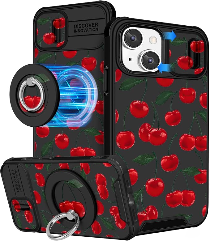 Buleens for iPhone 13 Case 6.1 Inch - with Ring Stand & Camera Cover Aesthetic Cute Designed for Women Girls Girly Kawaii Cherry for Phone Case for iPhone 13 Compatible with Magsafe by Buleens