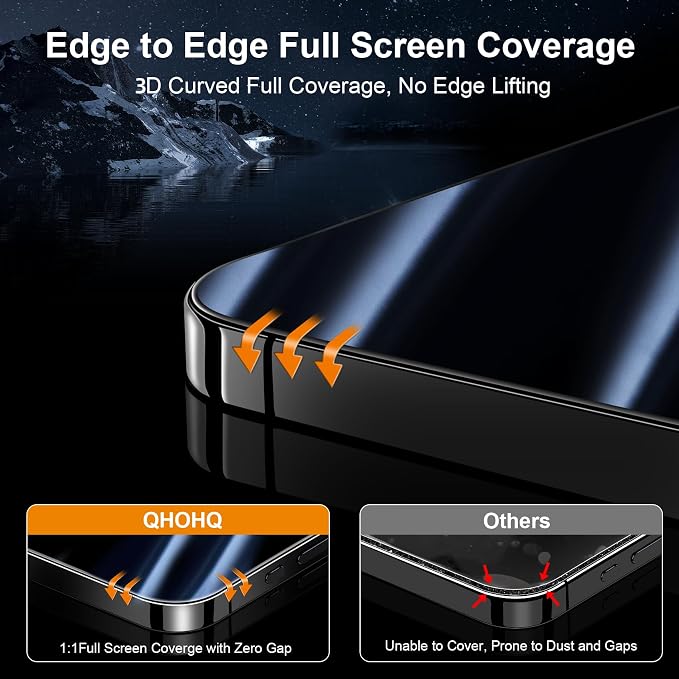 QHOHQ iPhone 16 Privacy Screen Protector + Camera Lens Protector, 3+3 Pack | Tempered Glass, Military Grade Shatterproof, Top 9H+ Anti Spy Glass, Full Edge Coverage, Ultra Durable, Installation Tool - Image 3