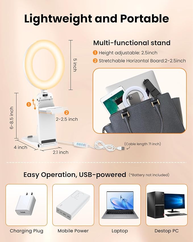 Ring Light for Laptop Desk Clip On,Small Computer Video Conference Lighting with Stand for Phone/Webcam/Monitor,5" Portable Mini LED Selfie Light Desktop for Zoom Meeting/Video Call/Recording(White) - Image 7