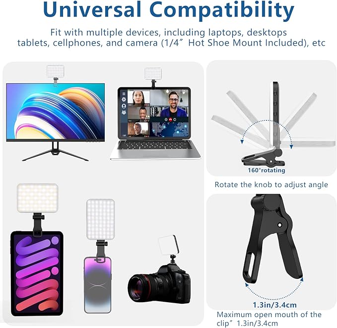60 LED Portable Selfie Light Video Conference Lighting with Clip & Camera Tripod Adapter Rechargeable 2200mAh CRI 97+, 3 Light Modes for Phone iPhone Webcam Laptop Photo Makeup - Image 2