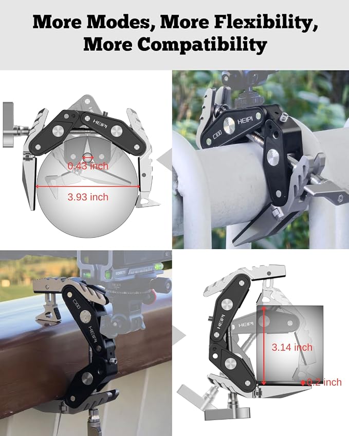 HEIPI C100 Super Clamp, Max Clamping 3.93" with 1/4"-20 & 3/8"-16 Screw | 2-in-1 clamp & stand design. Max clamping 3.93"/10cm.Compatible with phone, action camera, DSLR. Universal tripod accessories - Image 4