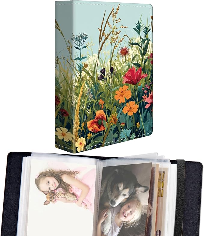 DEGDFSGR Small Photo Album 4x6 60 Pockets 120 Photos - Adventure Book Baby Photo Albums Photo Books for 4X6 Pictures Memory Book with Black Elastic Band for Photo Storage, A Grassy Field With Flowers by Unknown