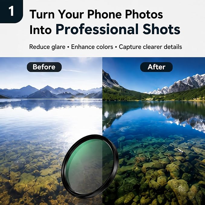 APEXEL 52mm CPL Phone Camera Lens Filter for iPhone & Android | CPL Filter to Reduce Glare & Reflections, Enhance Colors for Travel Photography, with Universal Clip & Adapter Ring - Image 2