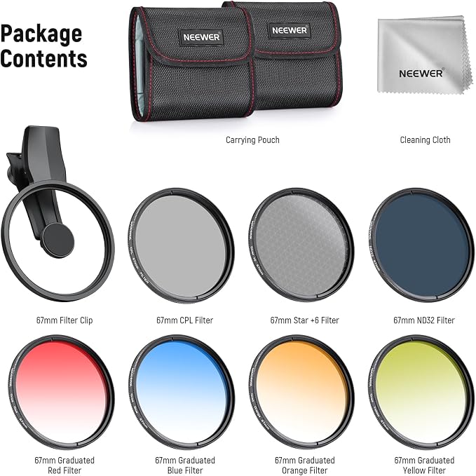 NEEWER 67mm 7 Pack ND Filter Set Compatible with Android Samsung Google Pixel Huawei Xiaomi Clip On CPL+ ND32 + Starlight + GND (Red/Orange/Yellow/Blue) Camera Lens Photography Accessories Kit, FL-P11 - Image 9