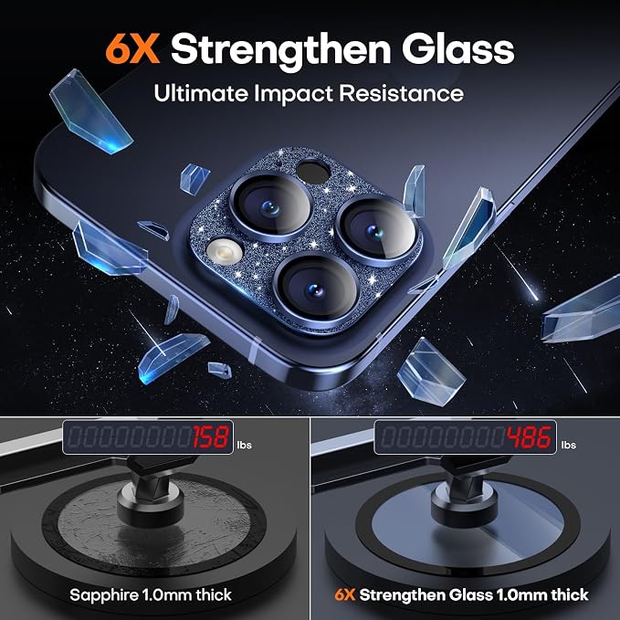 Camera Lens Protector for iPhone 16/15/14 Pro Max & 16/15/14 Pro | Glitter Blue, Aluminum Alloy, 9H+ Glass Camera Cover, Nano Reinforced Adhesive, Anti-Drop, Anti-Scratch, Case Friendly - Image 6