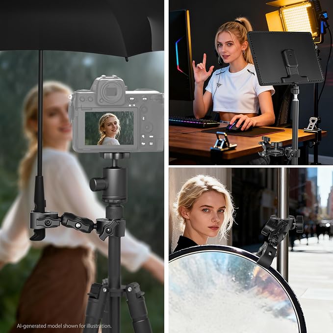 NEEWER Double Super Clamp Mount with Magic Arm, 360° Umbrella Flag Pole Clamp Holder for Desk Photo Studio Light Stand Photography Reflector Scrim Cross Bar Motorcycle Handlebar Stroller Chair, CA160 - Image 5