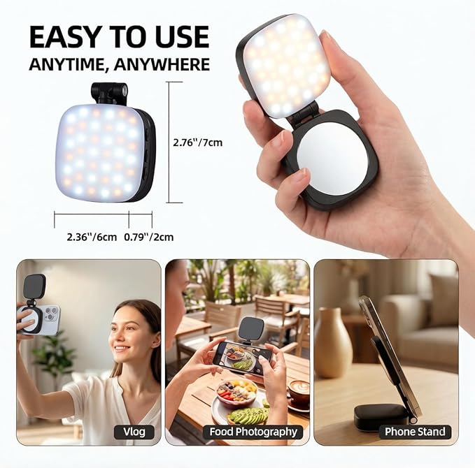 Magnetic Selfie Light, Compatible with MagSafe iPhone, CRI 95, 5 Color Modes, Rechargeable LED Phone Light with Mirror, Portable Ring Light for Vlog Makeup Photography Video Recording, Black - Image 5
