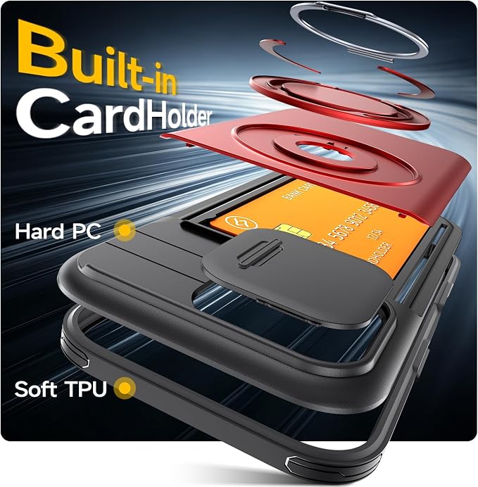 for iPhone 17 Pro Wallet Case with Card Holder Slide Camera Cover Ring Stand Kickstand Heavy Duty Protective Case with Screen Protector for iPhone 17 Pro (Red) - Image 2