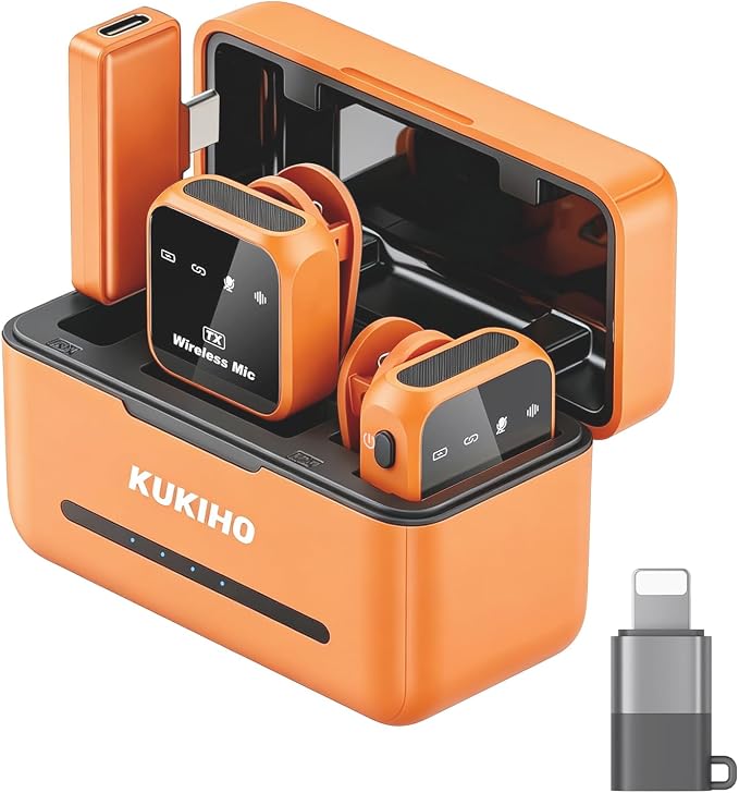 Wireless Lavalier Microphone for iPhone iPad Android with Charging Case 80h Battery Life, Noise Cancellation, 164ft Range Plug-Play Clip On Lapel Mic for YouTube, Video Recording, Vlog (Orange by KUKIHO