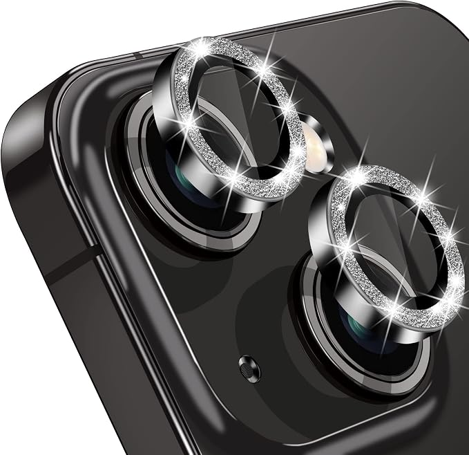 for iPhone 15 & iPhone 15 Plus Camera Lens Protector, Bling Glitter Diamond Lens Cover 9H Tempered Glass Camera Cover Anti Scratch Shockproof Screen Protector Individual Metal Lens Ring - 2PCS by Hsefo