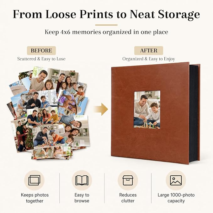 Aevdor Large Capacity 4x6 Photo Album, 1000 Photos, Leather Cover, Brown | 3 Horizontal + 2 Vertical per Side, Acid-Free Black Inner Pages, Front Display Window, Family, Wedding & Everyday Photos - Image 5