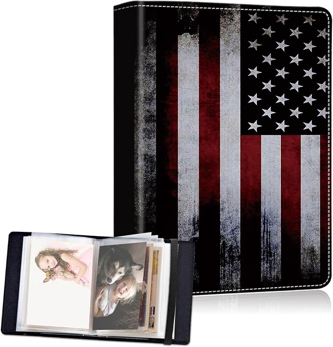 Small Photo Album 5x7, 60 Pockets Holds 120 Photos, Slip-in Pocket Photo Album with Black Elastic Band for Family Wedding Baby Travel Pictures, Vintage American Flag by Unknown