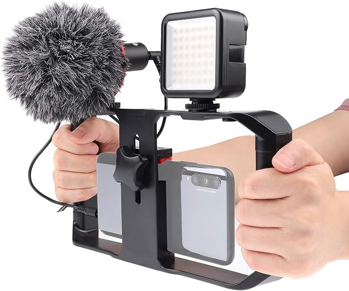 FocusFoto PRO U-Rig Smartphone Video Camera Cage Mount Holder Stabilizer Grip with Upgraded BY-MM1+ Microphone Mic+ 49 LED Light+ Mini Tripod Kit for Mobile Phone iPhone Filmmaking Videomaker - Image 2