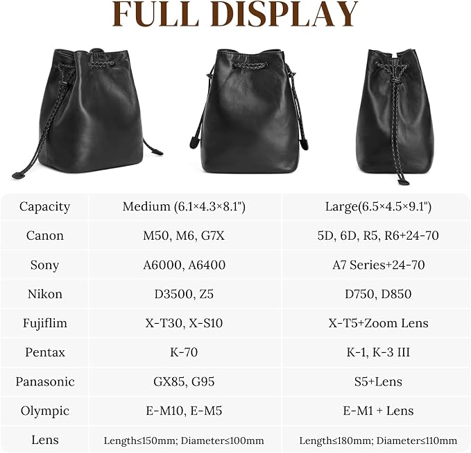 S-ZONESoft Leather Camera Insert Bag Drawstring Camera Pouch DSLR Lens Case | Top Grain Lambskin Leather, Drawstring Closure, Dust-proof, Scratch-resistant, Compatible with Canon Nikon Sony - Image 9