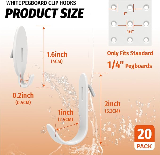 HUHOLE 20PC White Pegboard Clip Hooks for Thin Metal 1/4 Inch Pegboard | Picture Hangers with 10 lb Capacity, 10 Round and 10 Angled Peg Hooks for Jewelry, Crafts and Small Accessories - Image 4