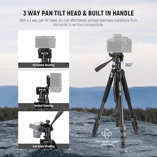 NEEWER Basics TP05 74" Video Tripod Monopod, 3 Way Pan Tilt Head Phone Holder Compatible with iPhone DSLR, Travel Recording Stand, Overhead Camera Mount, Crossbar, 17.6lb Load - Image 4