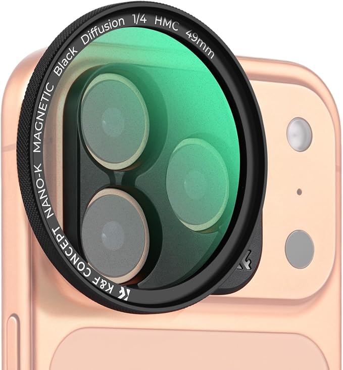 K&F CONCEPT Black Diffusion 1/4 Filter Compatible with iPhone 17-14 Pro/Max | 49mm Magnetic Black Diffusion 1/4 Lens Filter with Magnetic Press-Fit Mount, Softens highlights, Cinematic Aesthetic, FA302 by KFCONCEPT