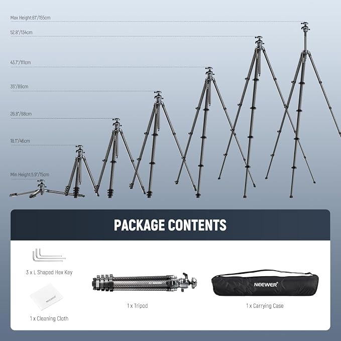 NEEWER LITETRIP LT38 61" Travel Camera Tripod, Carbon Fiber Portable Stand, 360° Pan Tilt Ball Head, Center Axis, Arca Type QR Plate Compatible with Clip V3, Max Load 22 lb, Cleaning Cloth - Image 7