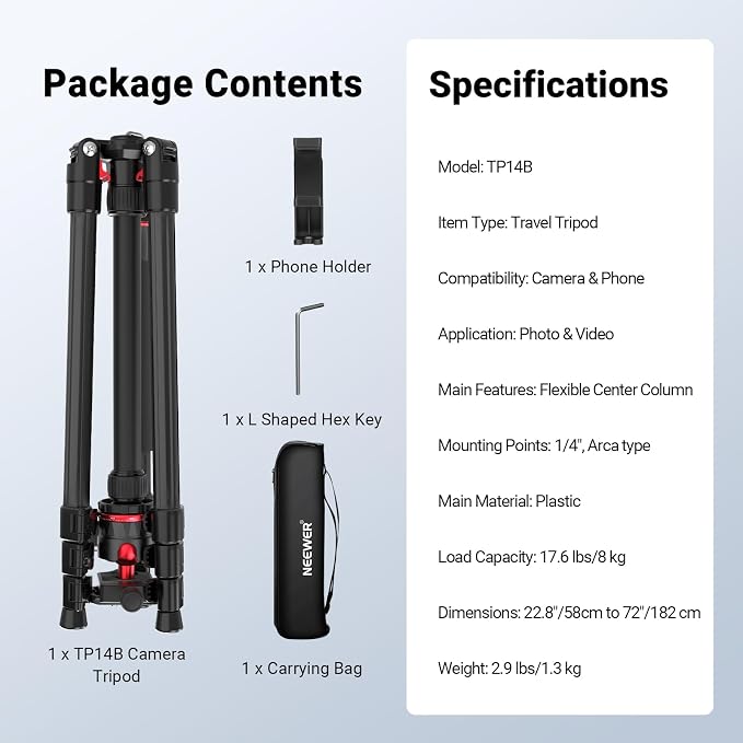 NEEWER Basics 72" / 182 cm Travel Tripod Monopod for Camera, Compact Lightweight Portable Video Recording Stand, Arca Type Ball Head, Cell Phone Holder Compatible with iPhone, Max Load 13.2 lb, TP14B - Image 8