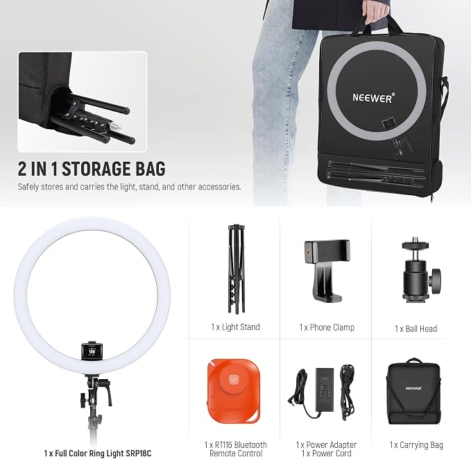 NEEWER SRP18C 18 Inch RGB LED Ring Light Kit with Reversible Tripod Light Stand App Control Phone Holder Compatible with iPhone, Ultra Slim Ringlight for Makeup Video Recording Selfie Studio Streaming - Image 9