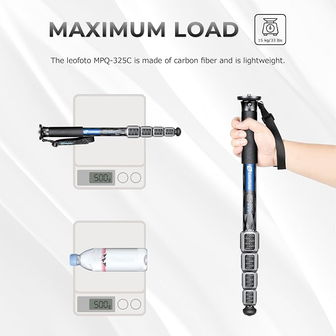 LEOFOTO Camera Monopod Carbon Fiber Portable Compact Lightweight Travel Monopod with Wrist Strap, Silicone Handle, Twist Locks, 5-Section up to 165cm, Max Load 15kg，Black(MPQ-325C) - Image 5