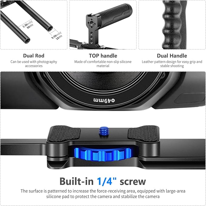 NEEWER Aluminum Alloy Camera Cage, Filmmaking Rig with Top Handle | Dual Grips & Arca Type Base, Compatible with Sony A7S III A7IV A6600 Canon EOS R5C R5 R6 DSLR/Mirrorless Cameras, VS107 Blue - Image 4