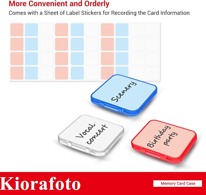 Kiorafoto SD Card Case w 36PCS Individual Clear Plastic Memory Card Holder | Water-Resistant,Anti-Shock,36 Slots,for 36x SD SDXC SDHC Cards,Camera Memory Card Holder Organizer,with Carabiner & Labels - Image 8