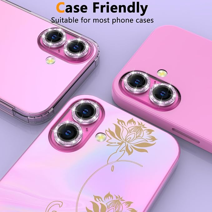YWXTW for iPhone 16 Plus/iPhone 16 Camera Lens Protector, Individual Anti Scratch Metal Ring Tempered Glass Camera Screen Protector for iPhone 16 Accessories, Case Friendly (Purple Glitter) - Image 6