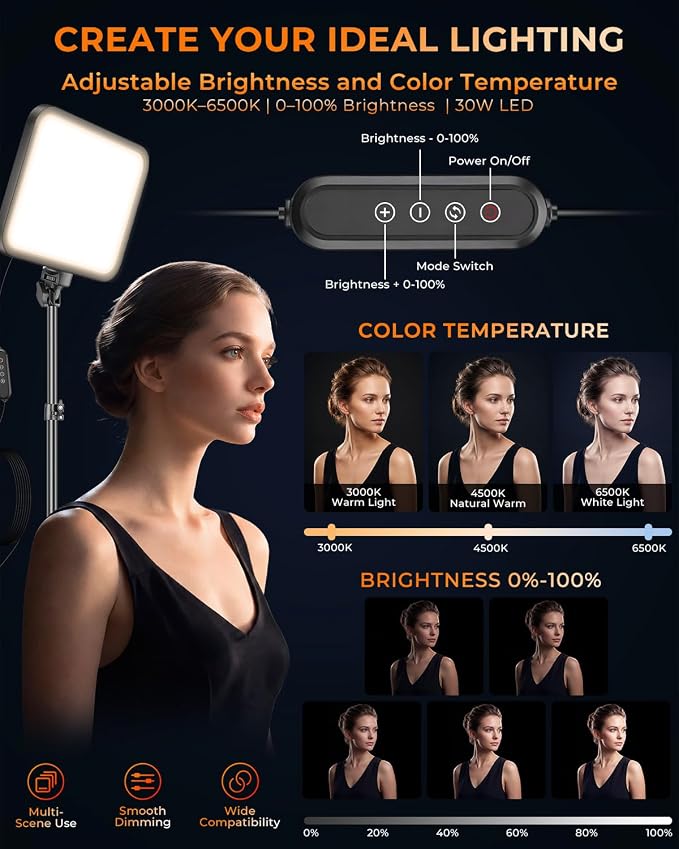 Torjim 12 Inch Video Light Kit for Creators | 30W High Brightness | Studio Lights with Tripod Stand & Phone Holder | 3000-6500K Adjustable Photography Lighting for YouTube Streaming Home Studio - Image 4