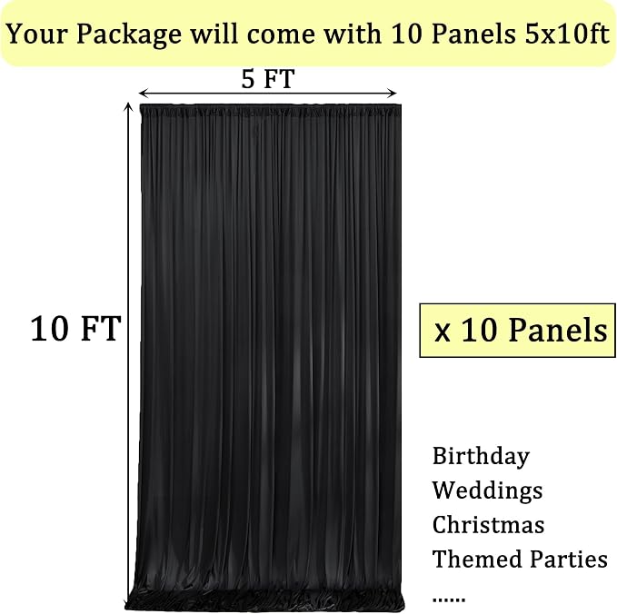Black Backdrop Curtain for Parties, 10 Panels Wrinkle Free Polyester Photo Backdrop Drapes for Weddings Birthday Anniversary Graduation Stage Photography Background Curtains Bulk, 50 ft x 10 ft - Image 3