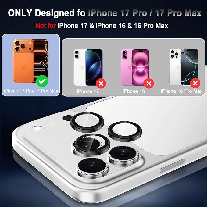 Meshine for iPhone 17 Pro/17 Pro Max Camera Lens Protector,Scratch Proof,Strong Adsorption,9H Hardness with Metal Ring Camera Cover,Ultra Thin Case Friendly, Accessories Lens Protector,Black - Image 2