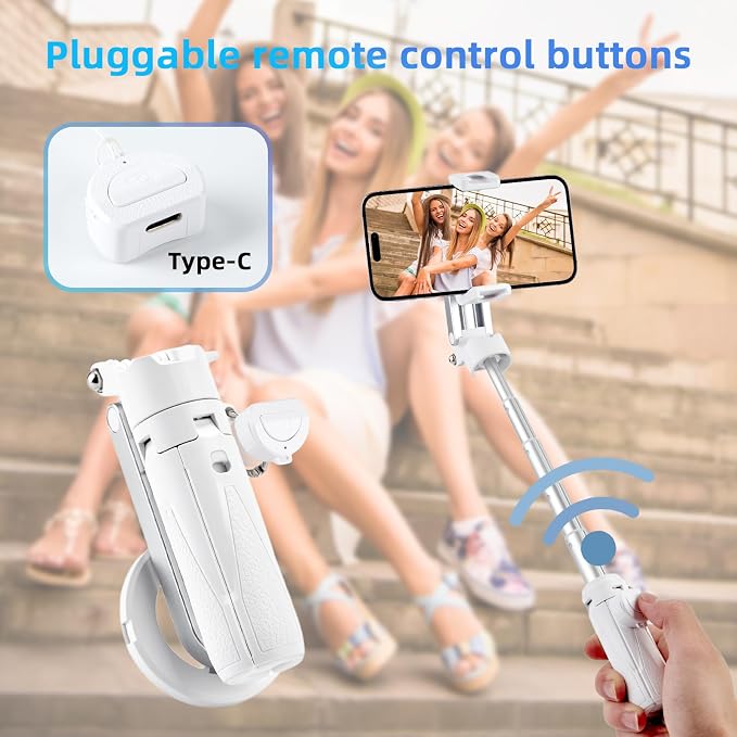MQOUNY for Magsafe Tripod Stand for iPhone,Portable Pocket Size Selfie Stick with Rechargeable Remote and Metal Ring,Extendable Detachable Cell Phone Tripod Compatible with iPhone/Android (White) - Image 2