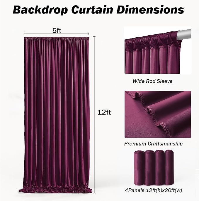 20x12 ft Burgundy Backdrop Curtains for Weddings, Birthdays and Photos | 4 Panels 5x12 ft, Wrinkle-Free Polyester Drapes, Washable, Ironable, 4 in Rod Pocket for Baby Showers Photography Background - Image 6