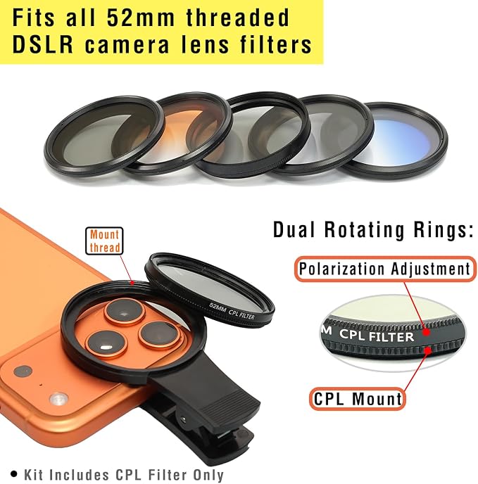 52mm Clip-on CPL Phone Camera Lens Filter, Fits iPhone 11 to 17 | Upgraded Portable Smartphone Polarizing Lens for Enhanced Photography - Image 4