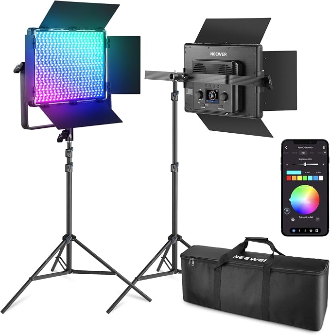 NEEWER 2 Pack PL60C RGB LED Panel Video Light Kit with 6.6ft/2m Spring Cushioned Tripod Stands/Bag, APP/2.4G/DMX Control, 60W 2500-10000K Pro Photography Studio Recording Streaming Key Lighting by Neewer