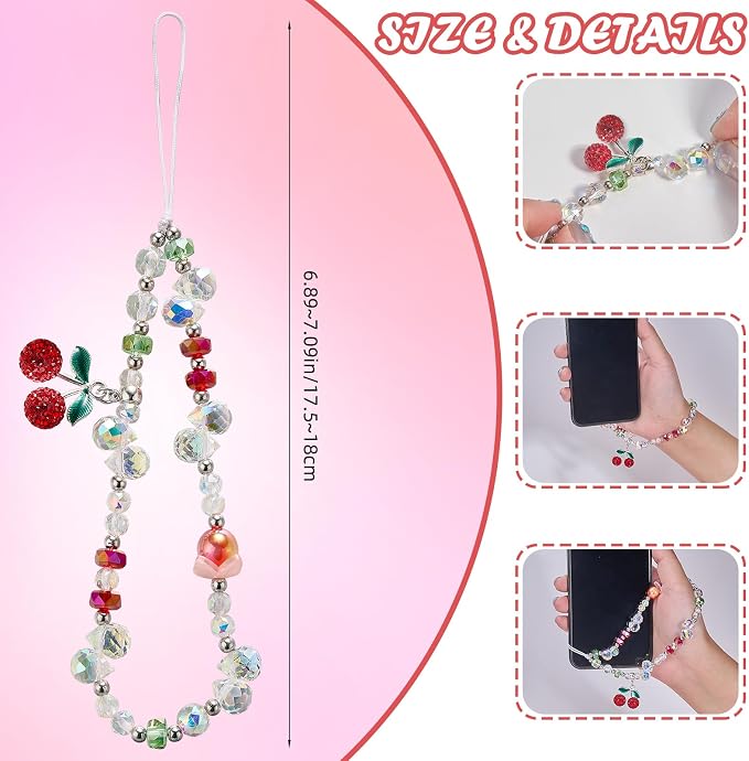 BEEFLYING Cherry Beaded Phone Charm Wrist Strap for Case, Dazzling | Y2K Cell Phone Chain with Cherry Pendant, for Bag Keychain Camera Wallet - Image 2