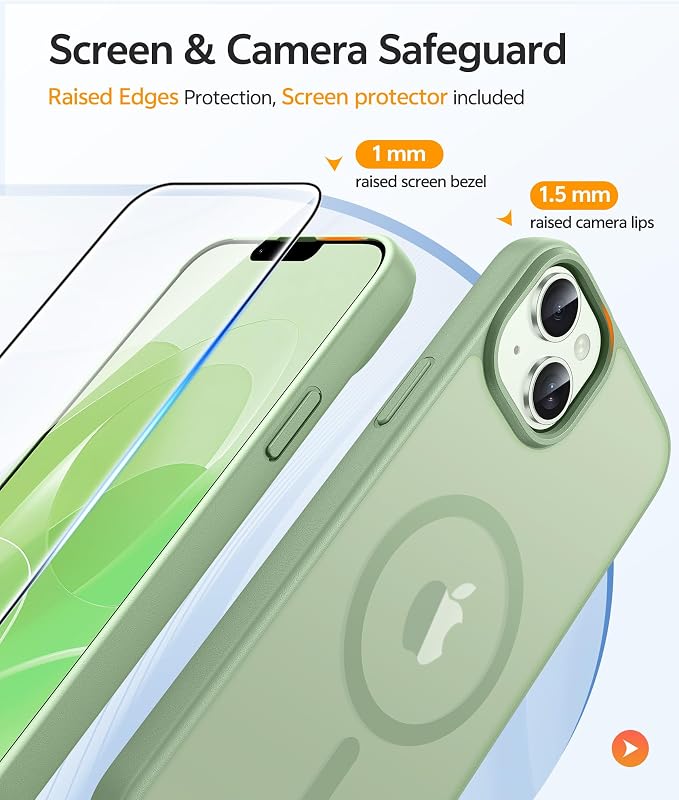 FNTCASE for iPhone 15/14 Plus Case, Fit for Magsafe, Screen Protector | Translucent Matte Magnetic Back, 14FT Military Grade Drop Protection, Shockproof Protective Phone Cover, Light Moss - Image 4