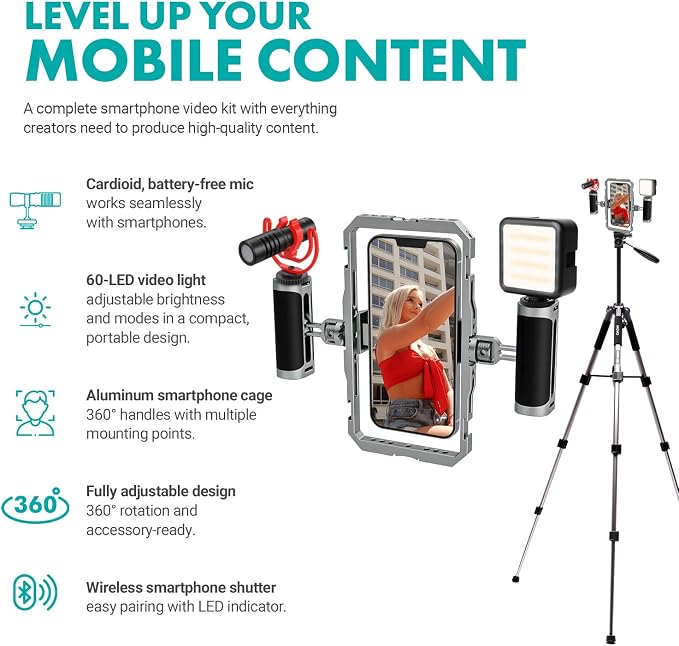 Movo iFilmer-PRO Smartphone Video Rig Kit – Stabilizer Cage with Dual Grips, VXR10 Shotgun Microphone, LED Light, & Tripod for iPhone/Android - Image 5
