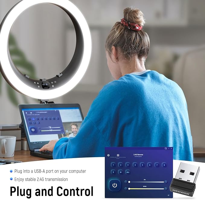 NEEWER 19 inch 2.4G Ring Light with Stand, 3 Phone Holders, 2.4G USB Transmitter for Mac/PC Remote Control, Touch Panel, Smooth Dimming at 1%, 3200K-5600K for Selfie TikTok Live Streaming Zoom, RP19H - Image 4