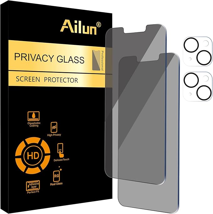 Ailun Privacy Screen Protector + Camera Lens Protector for iPhone 14 | 2+2 Pack, 6.1 inch, Anti Spy Private Tempered Glass Film, Case Friendly, HD by Ailun