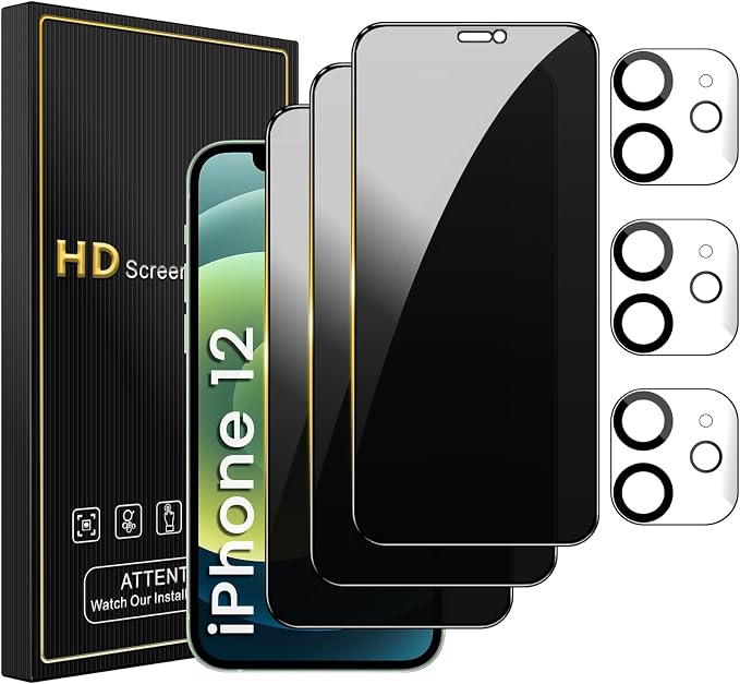 Romkasi 3 Pack Privacy Screen Protector for iPhone 12 6.1 Inch with 3 Pack Camera Lens Protector, Anti Spy Tempered Glass Film, Anti-Scratch, Touch Sensitive, Case Friendly by Unknown