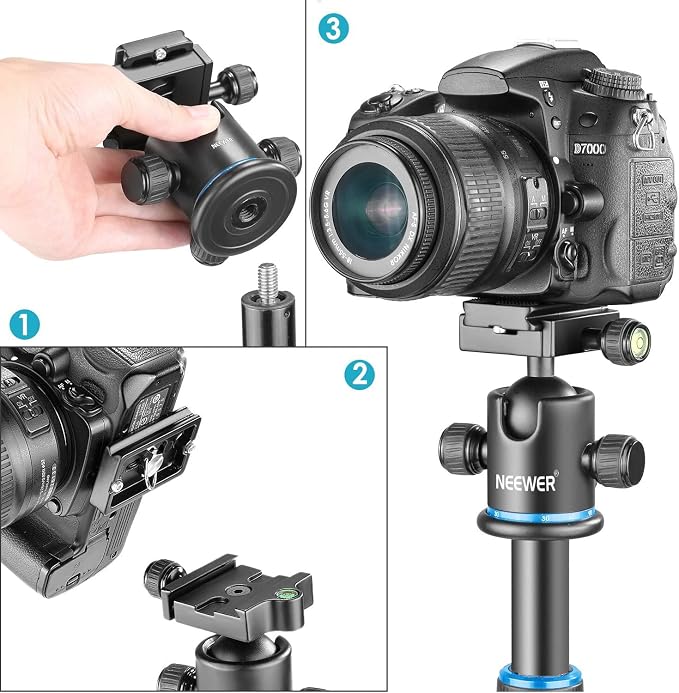 NEEWER 36MM Tripod Ball Head 360° Panoramic Metal with Arca Type Plate | Quick Release Plate, 1/4" Screw, 3/8" Thread, Max Load 17.6lb/8kg, Mount for Monopod, Slider, DSLR Camera, Camcorder (Blue) - Image 5