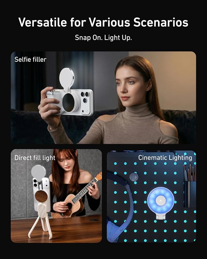 TELESIN Upgraded 4-in-1 Magnetic RGB Selfie Ring Light with Mirror & Phone Stand, Rechargeable Portable Clip On Fill Light for iPhone Samsung TikTok, Vlogging, Makeup, Photography, Streaming (White) - Image 7