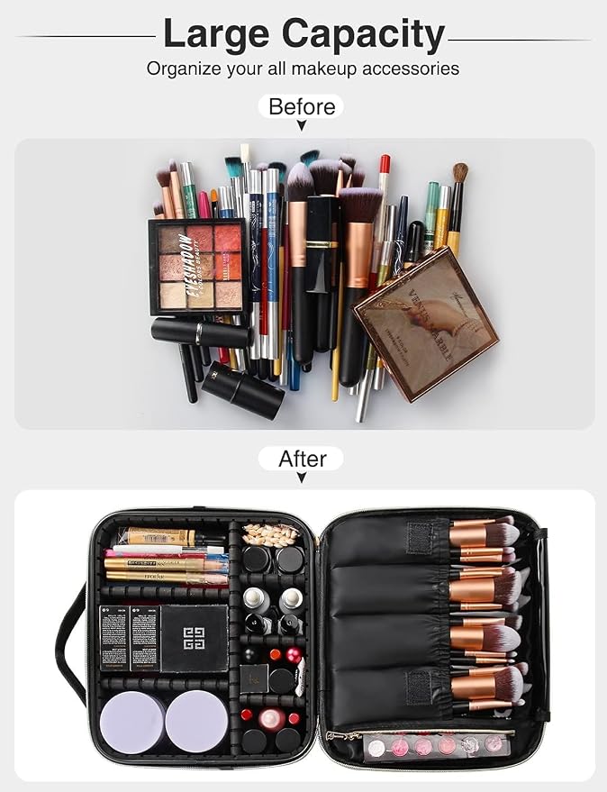 Relavel Travel Makeup Train Case Makeup Cosmetic Case Organizer Portable Artist Storage Bag with Adjustable Dividers for Cosmetics Makeup Brushes Toiletry, Black with Gold Zipper - Image 3