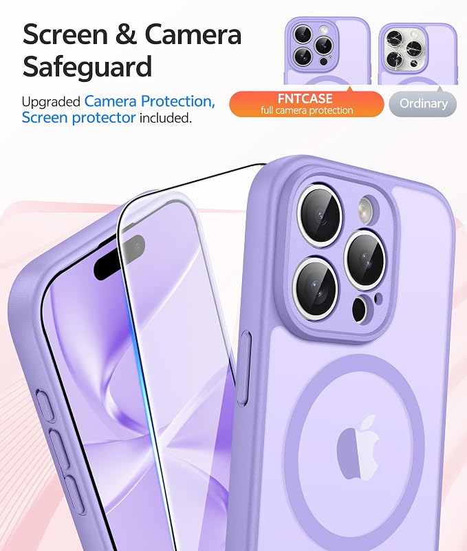 FNTCASE for iPhone 15 Pro Max Case, Fit for Magsafe, Glass Screen Protector | Full Camera Protection, Translucent Matte, 14FT Military Grade Drop Proof, Shockproof Protective Phone Cover, Light Purple - Image 4